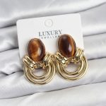 Pirinç Gold Renk Kahverengi Taşlı Vintage Kadın Küpe