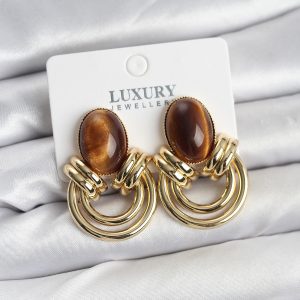 Pirinç Gold Renk Kahverengi Taşlı Vintage Kadın Küpe