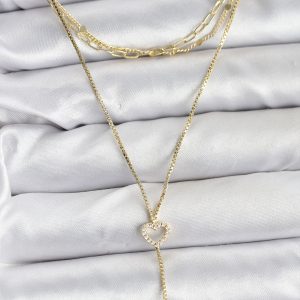 Pirinç Gold Renk Kalp Detaylı 3'lü Kombin Y Kadın Kolye