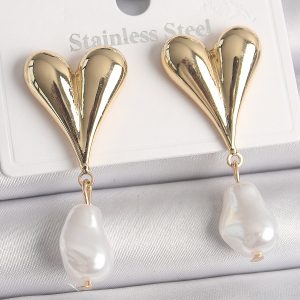 Pirinç Gold Renk Kalp Model Sallantı İnci Damla Model Kadın Küpe