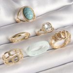 Pirinç Gold Renk Kare Zirkon Taşlı Sarmal Model Mavi Taş Detay 6'Lı Kadın Yüzük Seti