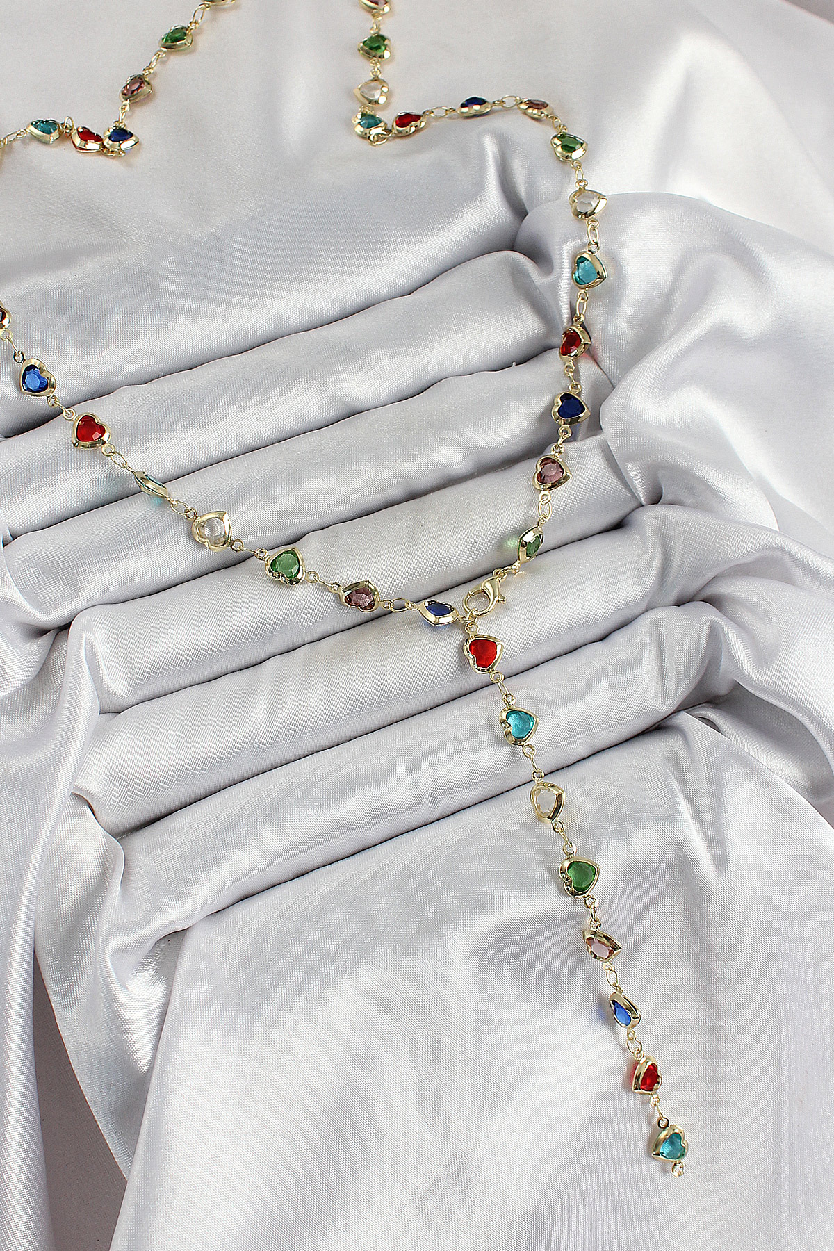 Pirinç Gold Renk Karışık Renk Zirkon Taşlı Kalpli Y Kadın Kolye