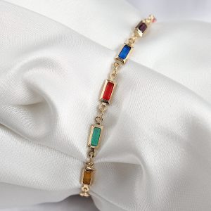 Pirinç Gold Renk Karışık Renkli Kare Zirkon Taşlı Kadın Bileklik