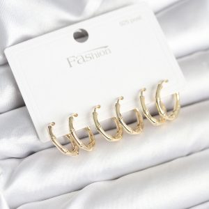 Pirinç Gold Renk Kemik Halka Model 925 Ayar Gümüş Çivili Kadın Küpe Seti