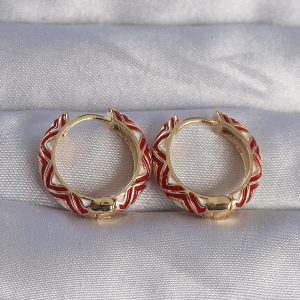 Pirinç Gold Renk Kırmızı Etnik Desenli Halka Küpe