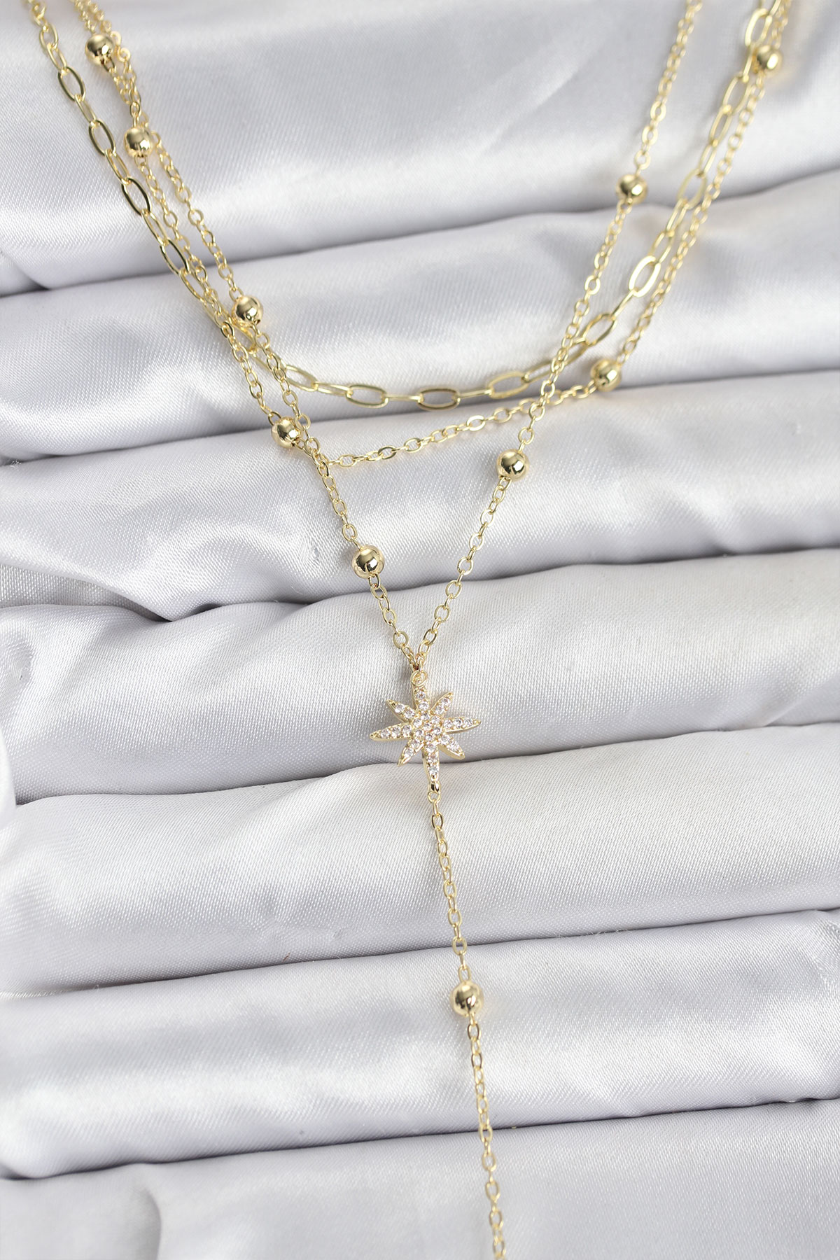 Pirinç Gold Renk Kutup Yıldızı Detaylı 3'lü Kombin Kadın Kolye