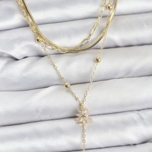 Pirinç Gold Renk Kutup Yıldızı Model Detaylı 3'lü Kombin Y Kadın Kolye