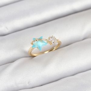 Pirinç Gold Renk Mavi Yıldızlı Model Kadın Yüzük