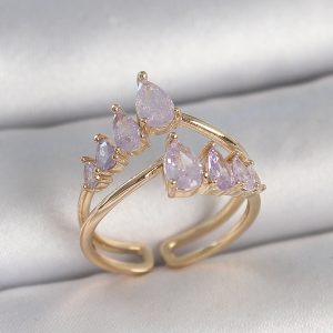 Pirinç Gold Renk Mor Damla Zirkon Taşlı Taç Model Kadın Yüzük