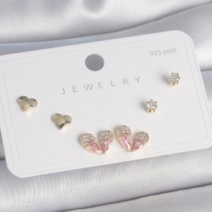 Pirinç Gold Renk Pembe Zirkon Taşlı Kalp Model 925 Ayar Gümüş Çivi Kadın Küpe Seti