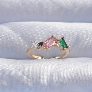 Pirinç Gold Renk Renkli Zirkon Taşlı Ayarlanabilir Yüzük