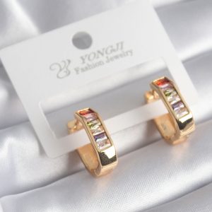 Pirinç Gold Renk Renkli Zirkon Taşlı Kadın Küpe