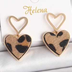 Pirinç Gold Renk Sallantı Leopar Kalp Model Kadın Küpe