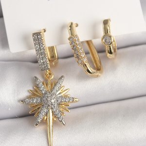Pirinç Gold Renk Sallantı Zirkon Taşlı Kutup Yıldız Model 3'Lü Kadın Kombin Küpe