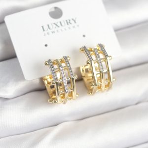 Pirinç Gold Renk Taşlı Halka Kadın Küpe