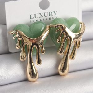 Pirinç Gold Renk Yeşil Sedefli Akan Kalp Model Kadın Küpe