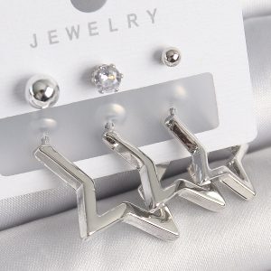 Pirinç Gold Renk Yıldız Model Zirkon Taşlı Topçuk Detay Kadın Küpe Seti