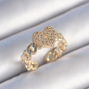 Pirinç Gold Renk Zincir Kordon Zirkon Taşlı Kalp Model Kadın Yüzük