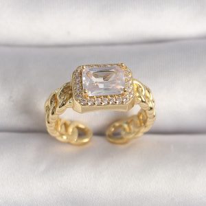 Pirinç Gold Renk Zincir Model Kare Zirkon Taşlı Kadın Yüzük