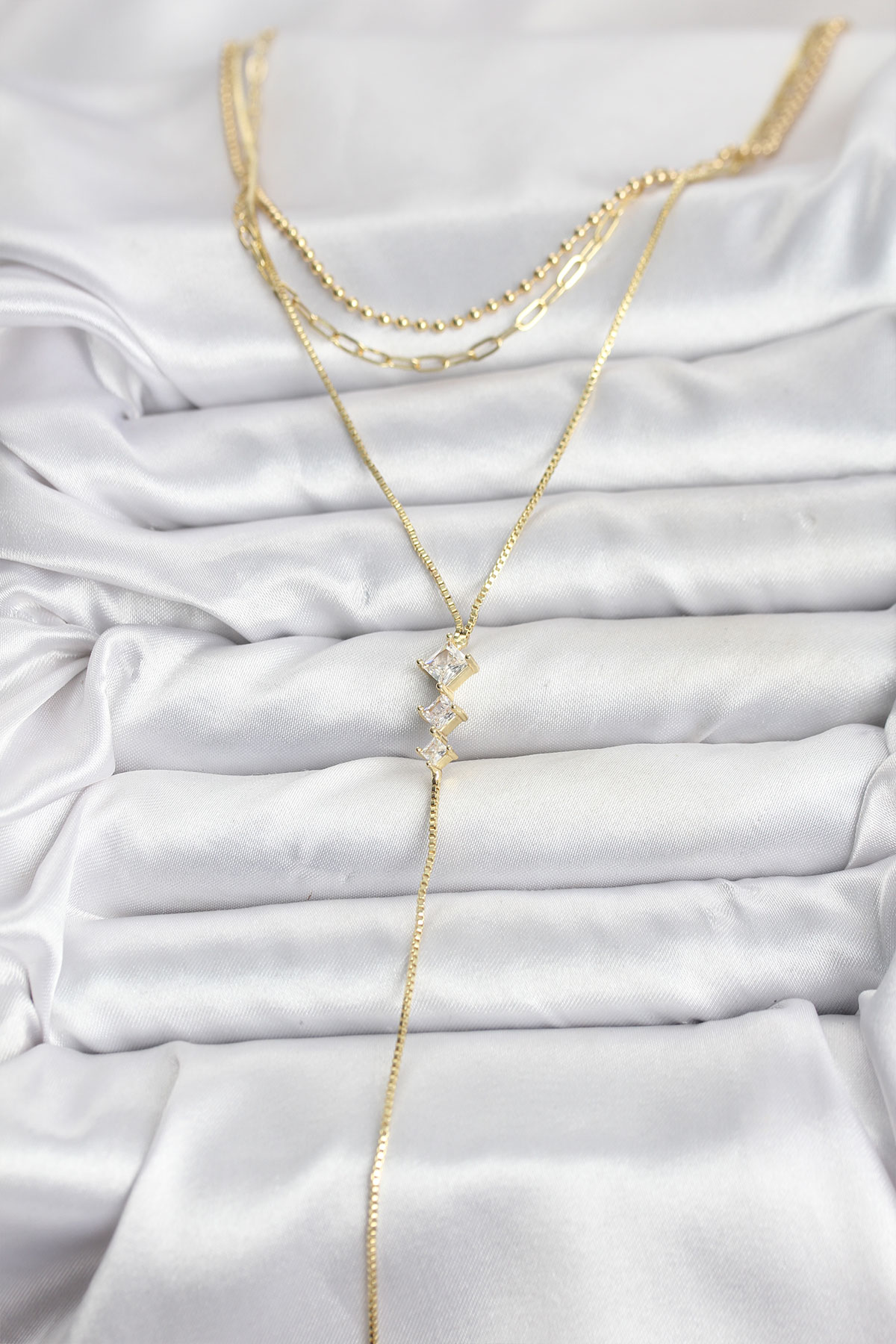 Pirinç Gold Renk Zirkon Taş Detaylı 3'lü Kombin Y Kadın Kolye