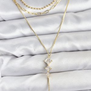 Pirinç Gold Renk Zirkon Taş Detaylı 3'lü Kombin Y Kadın Kolye