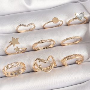 Pirinç Gold Renk Zirkon Taş Detaylı Kalp Yıldız Figür Kadın Yüzük Kombini