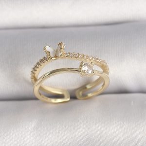 Pirinç Gold Renk Zirkon Taş Detaylı Kelebek Figür Ayarlanabilir Yüzük