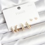 Pirinç Gold Renk Zirkon Taşlı 925 Gümüş Çivili Kadın Küpe Seti