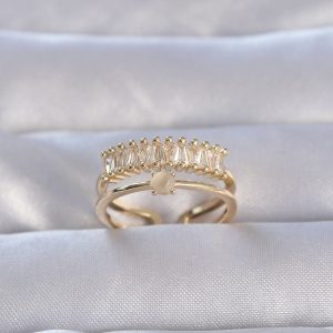 Pirinç Gold Renk Zirkon Taşlı Baget Su Yolu Model Ayarlanabilir Yüzük