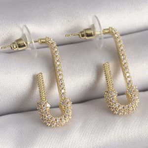 Pirinç Gold Renk Zirkon Taşlı Çengelli İğne Model Kadın Küpe