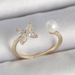 Pirinç Gold Renk Zirkon Taşlı Çiçek Model İnci Detay Ayarlanabilir Kadın Yüzük