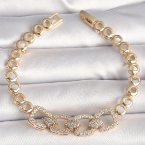 Pirinç Gold Renk Zirkon Taşlı Daire Zincir Model Kadın Bileklik