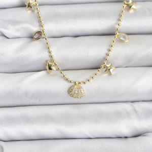 Pirinç Gold Renk Zirkon Taşlı Deniz Kabuğu Model Kadın Kolye