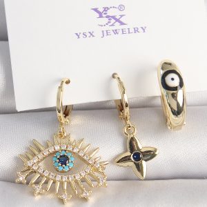 Pirinç Gold Renk Zirkon Taşlı Göz Figür Nazar Boncuk Detay 3'Lü Kadın Kombin Küpe