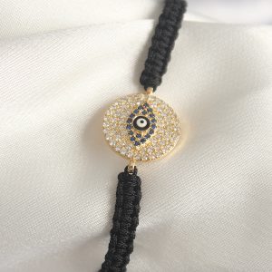 Pirinç Gold Renk Zirkon Taşlı Göz İşlemeli Figür Asansörlü Makrome Model Kadın Bileklik