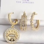 Pirinç Gold Renk Zirkon Taşlı Göz İşlemeli Model  3'Lü Kadın Kombin Küpe