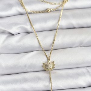 Pirinç Gold Renk Zirkon Taşlı Güneş Model Detaylı 3'lü Kombin Y Kadın Kolye