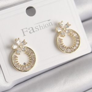 Pirinç Gold Renk Zirkon Taşlı Halka Model Çiçek Figür Kadın Küpe