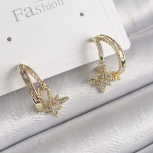 Pirinç Gold Renk Zirkon Taşlı Halka Model Yıldız Detay Kadın Küpe