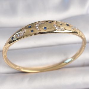 Pirinç Gold Renk Zirkon Taşlı Hilal İşleme Mavi Taşlı Yıldız Detay Kadın Kelepçe