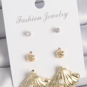 Pirinç Gold Renk Zirkon Taşlı İnci Detaylı Deniz Kabuğu Model 3 Çift Kadın Küpe Seti