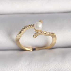 Pirinç Gold Renk Zirkon Taşlı İncili Ayarlanabilir Yüzük