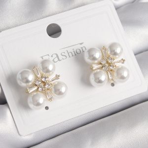 Pirinç Gold Renk Zirkon Taşlı İncili Kadın Küpe