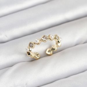 Pirinç Gold Renk Zirkon Taşlı İncili Kadın Yüzük