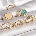 Pirinç Gold Renk Zirkon Taşlı Kalp Plaka Figür Mavi Simli Detay 6'Lı Kadın Yüzük Seti