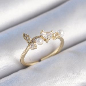 Pirinç Gold Renk Zirkon Taşlı Kalp Yaprak Model İnci Detay Kadın Yüzük