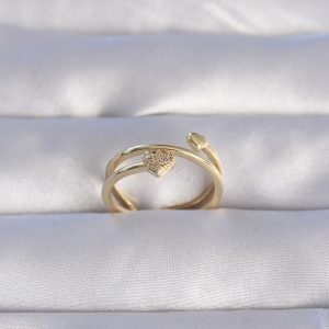 Pirinç Gold Renk Zirkon Taşlı Kalpli Model Ayarlanabilir Yüzük