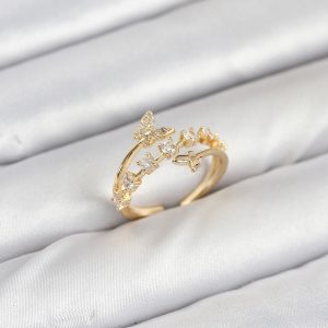 Pirinç Gold Renk Zirkon Taşlı Kelebek Model Kadın Yüzük