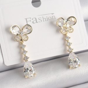 Pirinç Gold Renk Zirkon Taşlı Kelebek Model Sallantı Damla Zirkon Taş Kadın Küpe