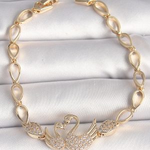 Pirinç Gold Renk Zirkon Taşlı Kuğu Figür Damla Zincir Model Kadın Bileklik